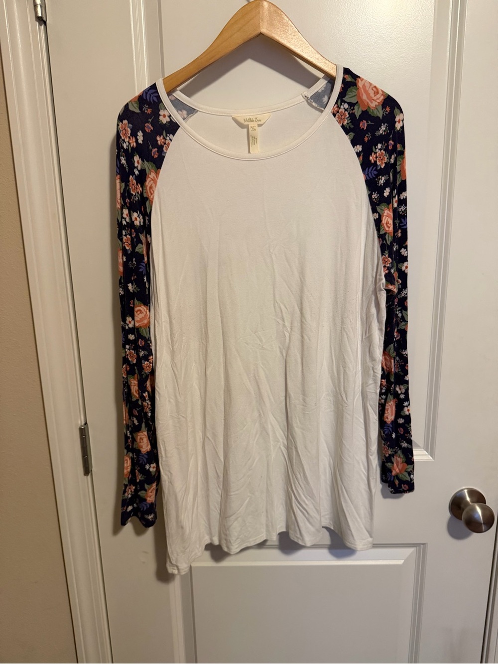 Matilda Jane White Raglan Top with Navy Floral Sleeves